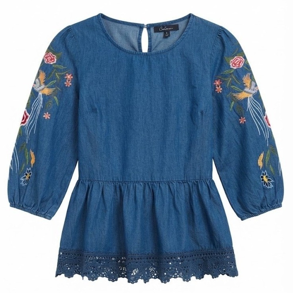 Calessa Blue Denim Peplum Top Small Embroidered Phoenix Floral Lace Trim - CJ